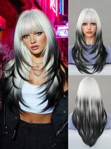 7JHH WIGS 女款黑色漸層銀色長層次瀏海假髮 24英吋 柔軟耐熱纖維 全機製合成直髮 派對 Cosplay 萬聖節音樂節穿戴造型假髮 - 銀色 - 查看 3
