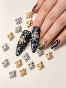 5pcs European Court Style Four-Leaf Clover Nail Art Decor, Copper Inlaid Zirconia Exquisite Hollow 3D Four-Leaf Clover Nail Gem Accessories, Rhinestone Nail Art Accessories, Y2K Multi-Function DIY Decoration Accessories, Fake Nail Art Decorations, Summer Nail Art Supplies - Multicolor - View 3