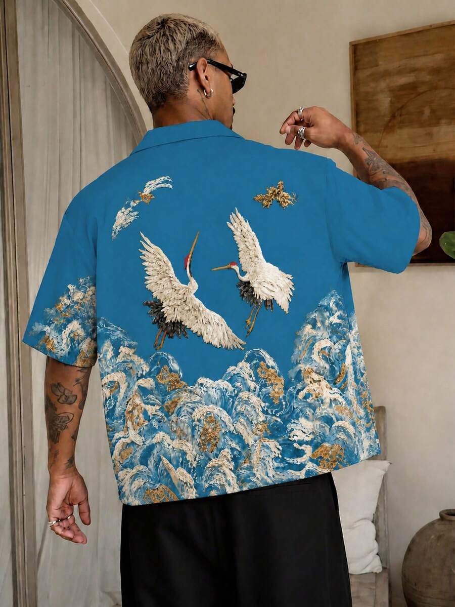 Fractyr 男款前後印花新中式風格丹頂鶴波浪浮世繪圖案襯衫,柔軟觸感街頭風寬鬆短袖上衣,藝術印花休閒夏季襯衫 - 藍色 - 查看 1