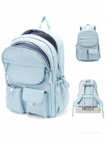 Zaino scolastico leggero per adolescenti, adatto per laptop da 14 pollici, zaino carino di colore unito per studenti, zaino per laptop resistente, tessuto in nylon impermeabile, resistente all'usura e alle pieghe, spallacci imbottiti e larghi per un uso prolungato senza pressione sulle spalle; design multistrato con più scomparti, tasca frontale con cerniera, tasche laterali per bottiglie d'acqua, adatto per uso scolastico quotidiano, brevi viaggi e pendolarismo - Multicolore - Visualizzare 10