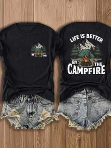 Sommercamping für Frauen T Hemd - Leichtes und atmungsaktives Rundhals-Kurzarm-Oberteil,Bedruckt mit Lagerfeuer- und Outdoor-Motiven auf der Vorder- und Rückseite.,Bequeme Passform,Geeignet für Picknicks,Lässig - Schwarz - Übersicht 1