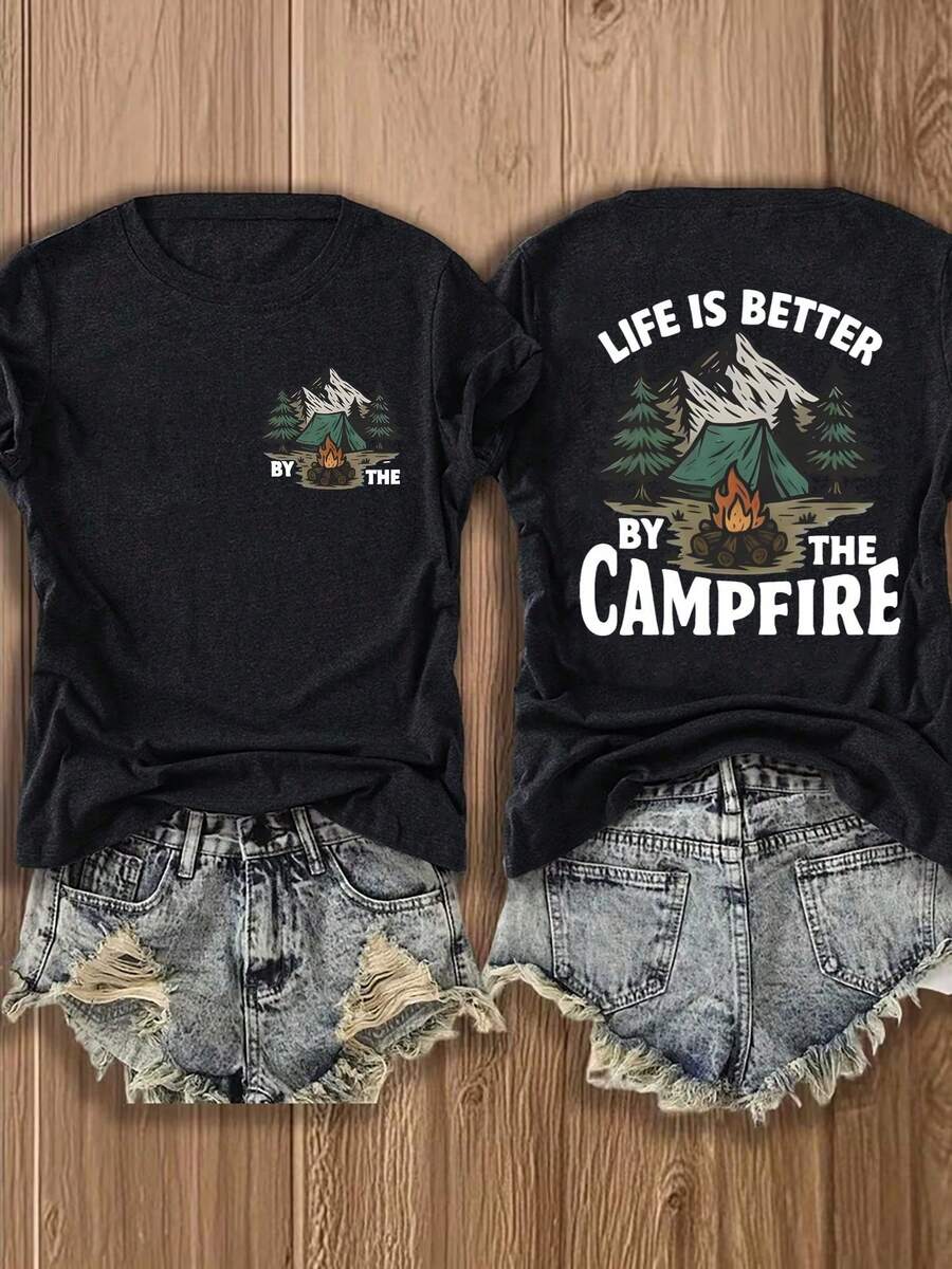 Sommercamping für Frauen T Hemd - Leichtes und atmungsaktives Rundhals-Kurzarm-Oberteil,Bedruckt mit Lagerfeuer- und Outdoor-Motiven auf der Vorder- und Rückseite.,Bequeme Passform,Geeignet für Picknicks,Lässig - Schwarz - Übersicht 1