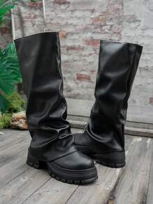Women's Round Toe Chunky Boots, All-Season Pleated Slip-On Pants, Suitable For Daily Outdoor Commute, Fashionable Long, Heel - Black - View 6