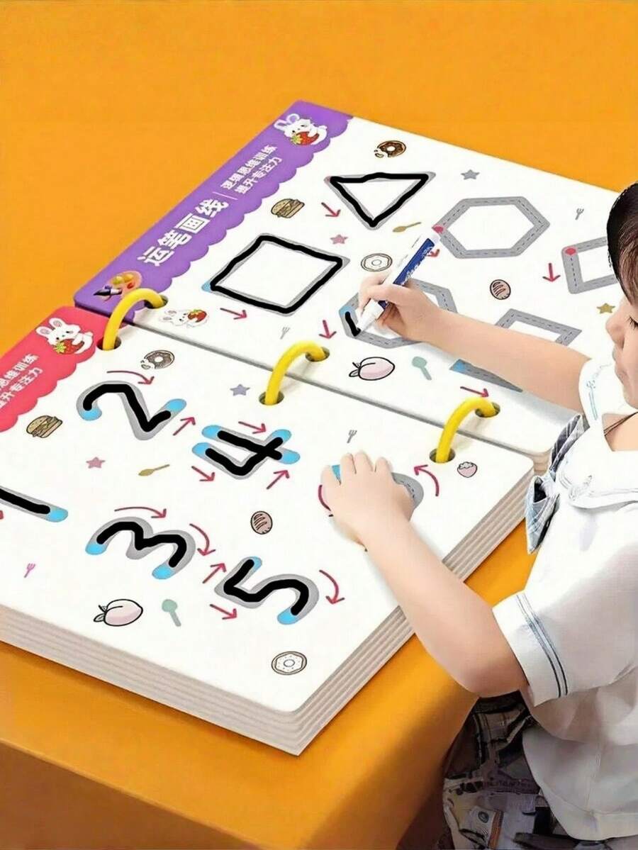 1套36頁可重複使用筆控訓練練習本，適合幼兒與兒童，可擦拭線條與形狀繪畫練習書，附2支白板筆、1個橡皮擦與2個夾子，兒童學校用品（贈品含2支鉛筆）