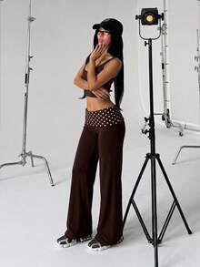 Pantalones acampanados de cintura ancha con lunares casuales para mujer, leggings de cintura alta plisados y estilizadores - Lunares marrones - Ver 8