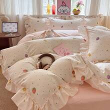 Lace Style Duvet Cover 3/4pcs Set, Strawberry Pattern Print, Soft And Comfortable Bedroom Bedding, Korean Style Large Lace Design Floral And Plant Pattern, Breathable Soft All-Season Bedding Set, Includes 1 Duvet Cover, 1 Bed Sheet, 1 Or 2 Pillowcases, No Filling, Suitable For Bedroom, Dormitory, Home Use, Multiple Size Options - Pink - View 7