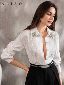 Blusa de manga larga con bordado floral 3D elegante, estilo palaciego, unicolor blanco, para fiesta blanca, temporada de bodas, lujo retro, vuelta al - Blanco - Ver 1