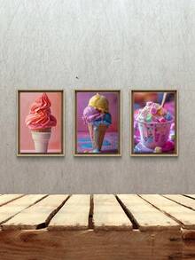 3 pièces/3 Pièces Art Mural Glace Colorée, Œuvre sur canevas Dessert Rose Pastel Doux, Peinture Thème Bonbon Esthétique Moderne, Décoration Murale Gourmandise d'Été Mignonne pour Chambre de Fille Cuisine Café - A - Voir 8