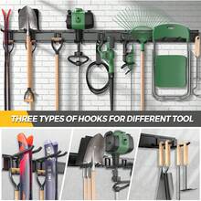 LBT 66" Garage Tool Organizer Wall Mount - 720lbs Garden Tool Organizer With Adjustable Hooks, Heavy Duty Metal Garage Storage Rack, Anti-Rust Shed Rack Holder Hanging Rake Broom Mower Snowboard - 99inch - View 6