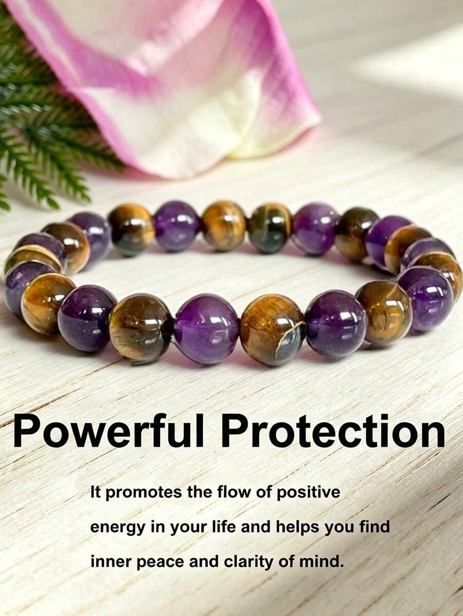 YAUKIA Pulsera de Piedras Preciosas de Amatista y Ojo de Tigre de 8mm Pulsera para la Ansiedad para Mujeres y Hombres Cristales de Protección Poderosa y Calma Joyería para Yoga y Meditación - Multicolor - Ver 1