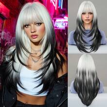 7JHH WIGS 女款黑色漸層銀色長層次瀏海假髮 24英吋 柔軟耐熱纖維 全機製合成直髮 派對 Cosplay 萬聖節音樂節穿戴造型假髮 - 銀色 - 查看 13