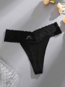 Calcinha Tanga Sexy Sem Costura de Renda para Mulheres, Roupa Íntima Feminina da Moda para Todas as Estações - Preto - Visão 5