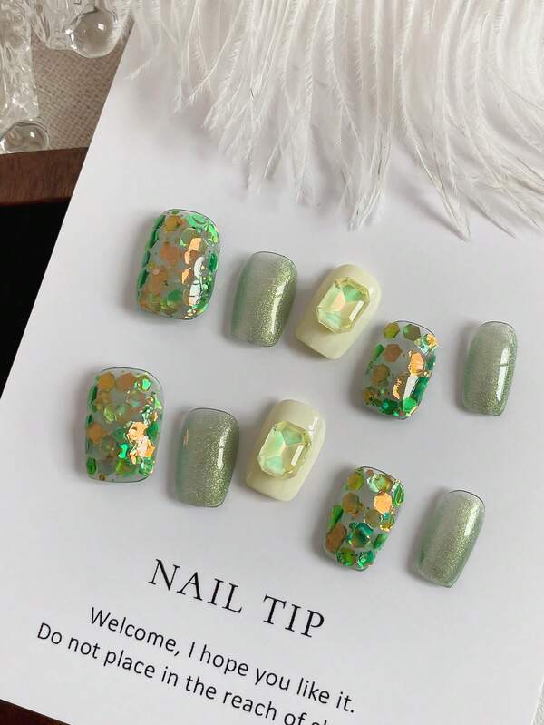 Lime Green Broken Foil Fresh Summer Mint Style White Short Square Gentle And Versatile Press-On Wearable Nail Polish