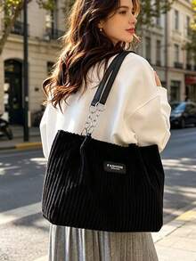 Bolso de Hombro de Lona de Color Sólido para Mujer, Estilo Primavera-Verano, Gran Capacidad, Casual y Tipo Tote - Negro 2 - Ver 7