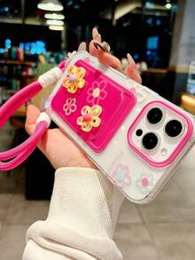 SANRIO 粉色掛繩卡套手機殼、粉色花卉卡套手機殼、彩色 3D 花朵掛繩卡套手機殼，適用於 Apple 16 Pro Max/15 Pro Max、New 11、12、Creative 12、11 防震、14 Pro/13 保護殼，適用於 iPhone 17 Pro Max/17/Pro/17 Plus/17，夏日風格，春季禮物，派對，媽媽 - 玫紅花朵 - 查看 3