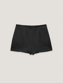 CAREE 女款春秋蕾絲拼接緞面裙褲，開衩下擺高腰迷你裙褲 - 黑色 - 查看 2