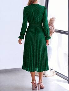 PRETTYGARDEN Women's Spring Fall Midi Dress Casual Long Sleeve V Neck Swiss Dot Pleated A Line Flowy Dresses New Years Party Valentine Vacation Dresses For Women - 墨綠色 - 查看 2