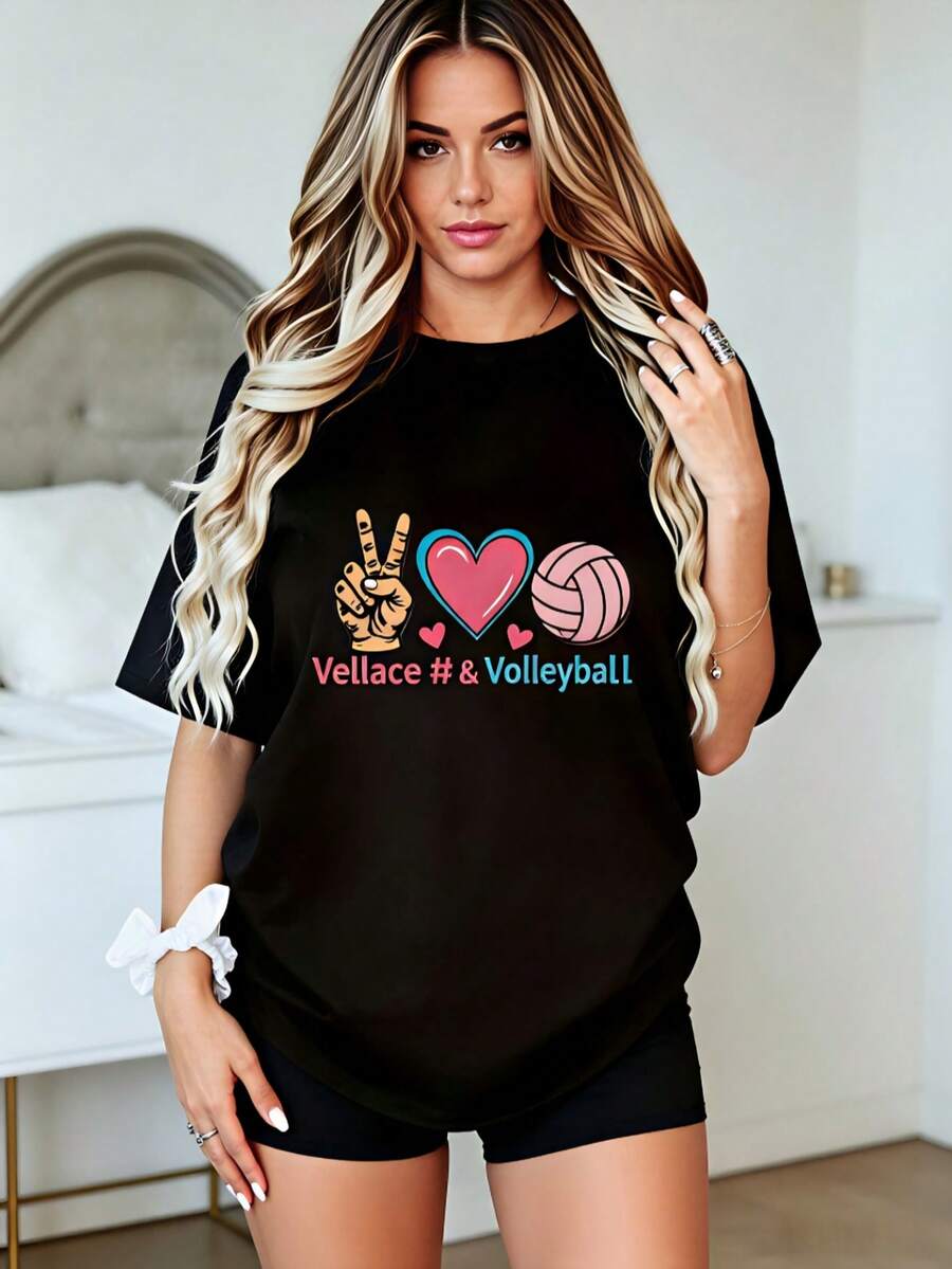 Women's Clothing, Women's T-Shirt With Volleyball Print - Peace Symbol And Volleyball Heart Combined With The Word "Volleyball", Casual Short-Sleeved Round Neck Top For Beach, Machine Washable, Comfortable Fabric Suitable For Volleyball Practice And Daily Wear - Sportswear Designed For Volleyball Fans, Stylish T-Shirt, Breathable Material, Soft To The Touch. - 黑色 - 查看 1