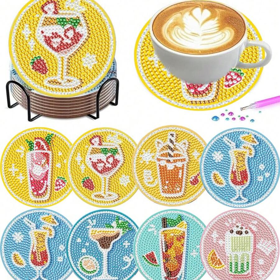 8pcs/Set Diamond Painting Coaster Set With Cup Pattern Coasters (With Stand) - DIY Diamond Art Craft Kit For Home Decor, Beginner Diamond Kit Craft Supplies, Faux Diamond Art Craft Supplies Gift