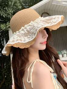 1 pezzo Cappello di paglia da donna estivo nuovo dolce carino elegante in pizzo bohémien per protezione solare all'aperto, best-seller estivo con ampia tesa pieghevole che snellisce il viso, elegante di alta qualità, comodo e casual, adatto per uscite, raduni, shopping, viaggi, vacanze e altre occasioni - Multicolore - Visualizzare 3