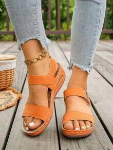 Plus Size Women's Vintage Solid Color Buckle Wedge Thick Sole Sandals - Orange - View 7
