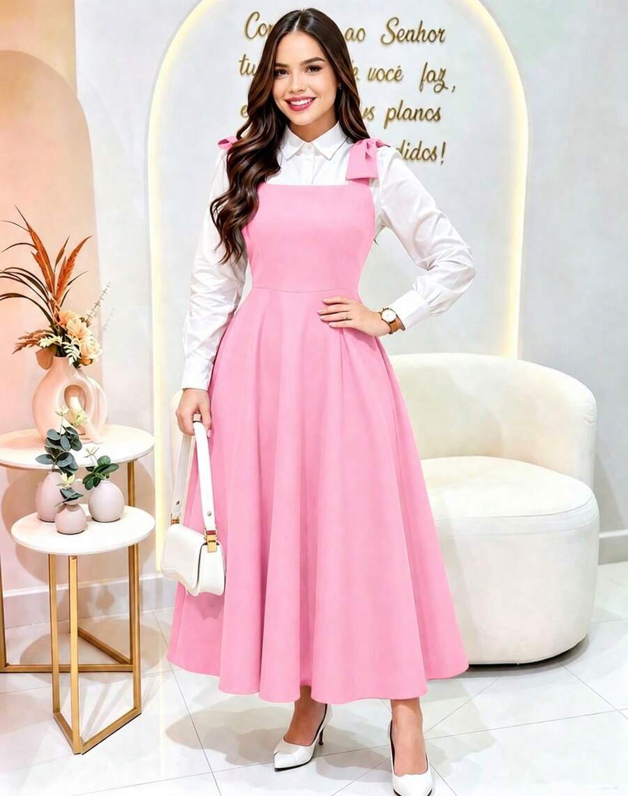 Tailored Dress With Wide Straps And Bow, Code 02, Evangelical Fashion (Shirt Not Included) - Baby Pink - View 1