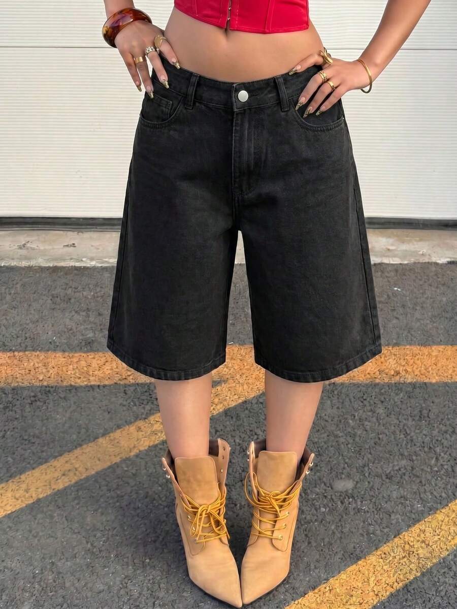 夏季 Y2K 街頭風新款牛仔短褲,休閒度假戶外百慕達牛仔短褲 女款 黑色 - 黑色 - 查看 1
