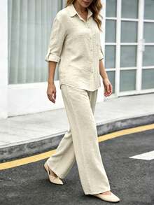 Slim-Fit Polo Collar Casual Cardigan, Versatile Solid-Color Stylish Shirt For The Beach, Everyday Wear, Work, Soft And Comfortable Fabric; Loose-Fitting Elastic-Waist Pants - 香檳色 - 查看 1