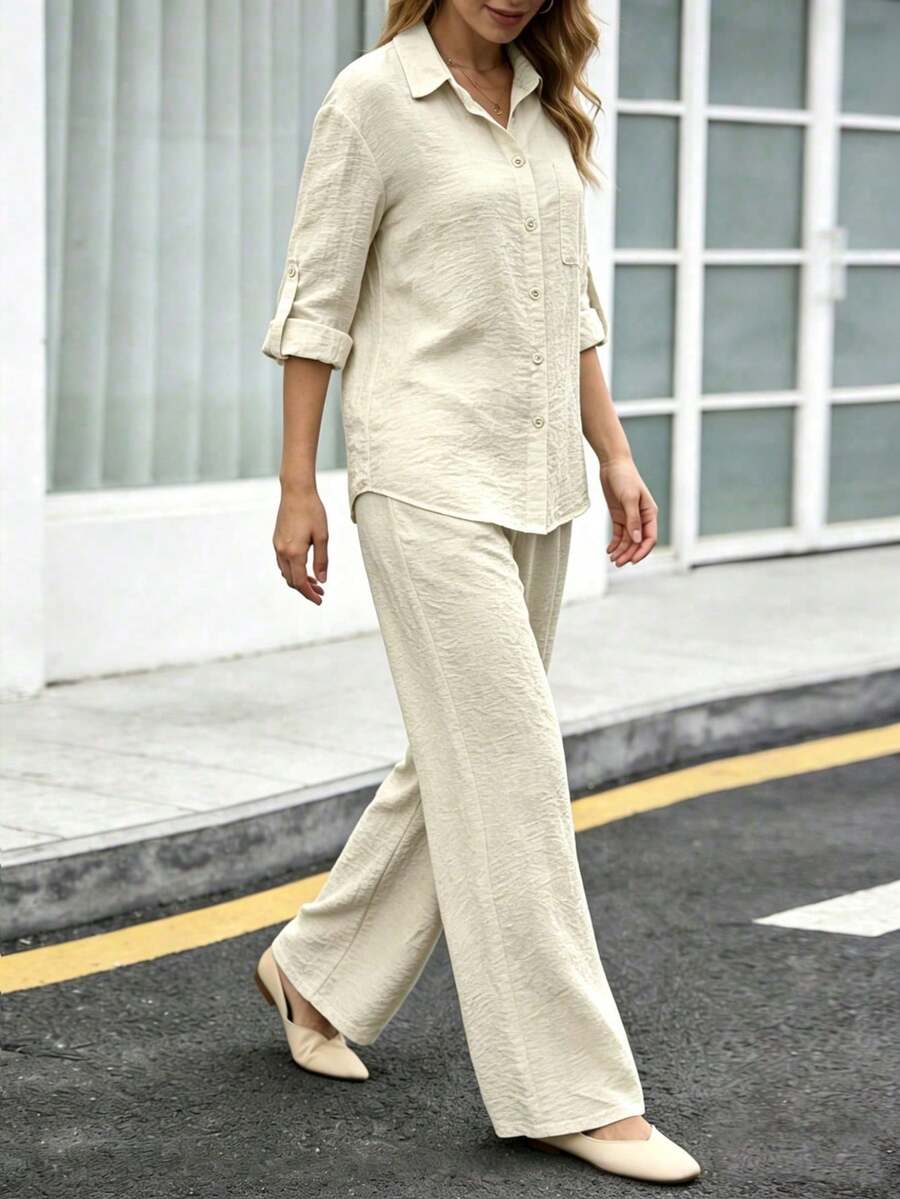Slim-Fit Polo Collar Casual Cardigan, Versatile Solid-Color Stylish Shirt For The Beach, Everyday Wear, Work, Soft And Comfortable Fabric; Loose-Fitting Elastic-Waist Pants - 香檳色 - 查看 1
