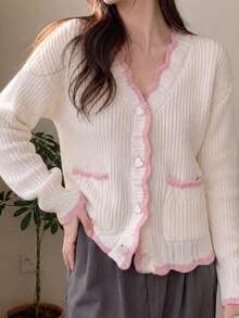 JIANHU Contrast Trim Drop Shoulder Cardigan White - White - View 10