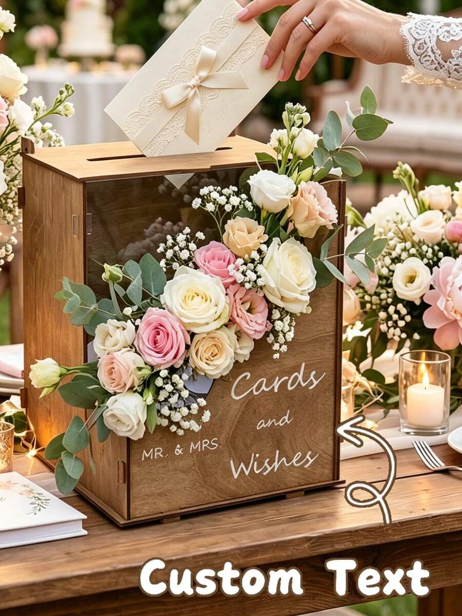 Personalized Wedding Card Box, Customizable Text, Suitable For Storing Gifts, Cards And Wishes For Parties And Anniversaries, Applicable For Wedding Receptions, Birthday Parties, Bridal Showers, Graduation Ceremonies And Other Occasions, Can Be Used As Wedding Decoration, Home Decor, Room Decor, Party Favors, Bridal Gifts, Birthday Decoration, Bachelorette Party Decoration And More, Perfect Choice For Wedding Receptions - Multicolor - View 1