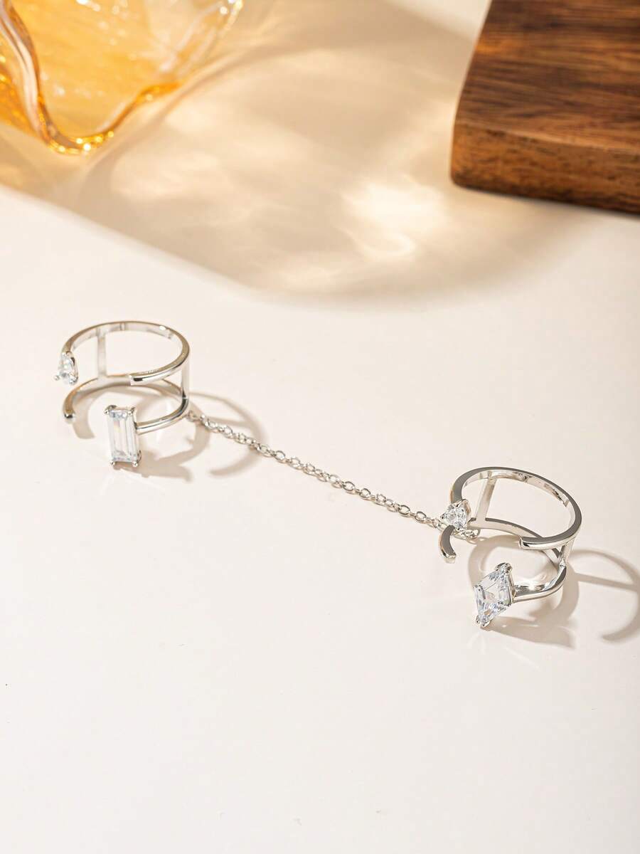 2 Pieces Midi Rings, Fashionable And Elegant Silver Adjustable Open Rings For Women With Cubic Zirconia, Jewelry For Daily Wear, Dates And Parties. - Silver - View 1