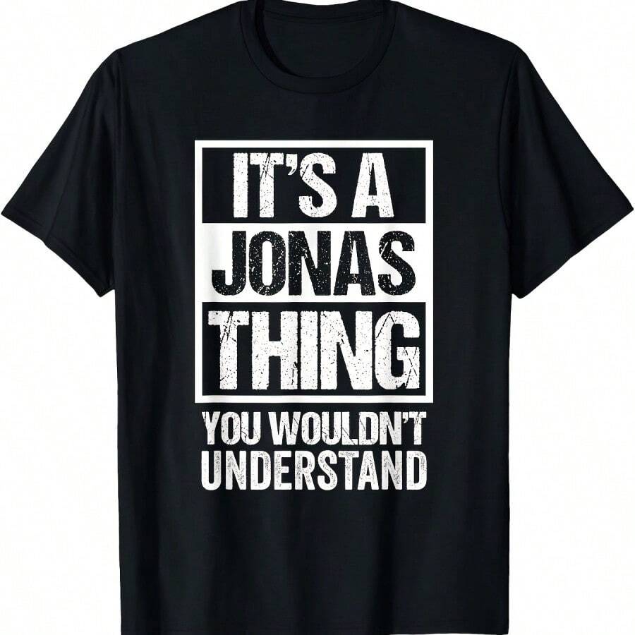 Jonas Thing First Name T-Shirt - Casual Black Tee With Bold White Print Short Sleeve Round Neck Non-Stretch Fabric Perfe - 黑2 - 查看 1