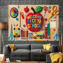 1件開學季橫幅，紅色蘋果搭配彩色3D文字「Welcome Back To School」，卡通文具設計，適合教室裝飾、開學主題會議等場合 - A - 查看 6