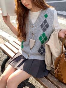 Alicedudu Cardigan Vest Rajut Minimalis Kasual Musim Gugur untuk Wanita dengan Motif Bunga dan Warna Kontras - Grey - View 5