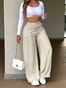 Women's Loose Minimalist Casual Woven Wide Leg Pants, Drawstring Waist, Pockets, Fashionable Professional Office Sporty Style, Autumn/Winter - Apricot - View 5