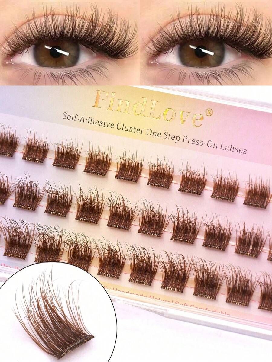 FindLove 30pcs Dense Brown Cluster False Eyelashes, D Curl, 10-14mm Length, Mixed Fine Single Eyelashes, Natural Look, Self-Adhesive, Fluffy Pre-Glued, Thin Band, Reusable, DIY Eyelash Extensions, Create Natural Or Dense Look, Makeup Tool - D - View 1
