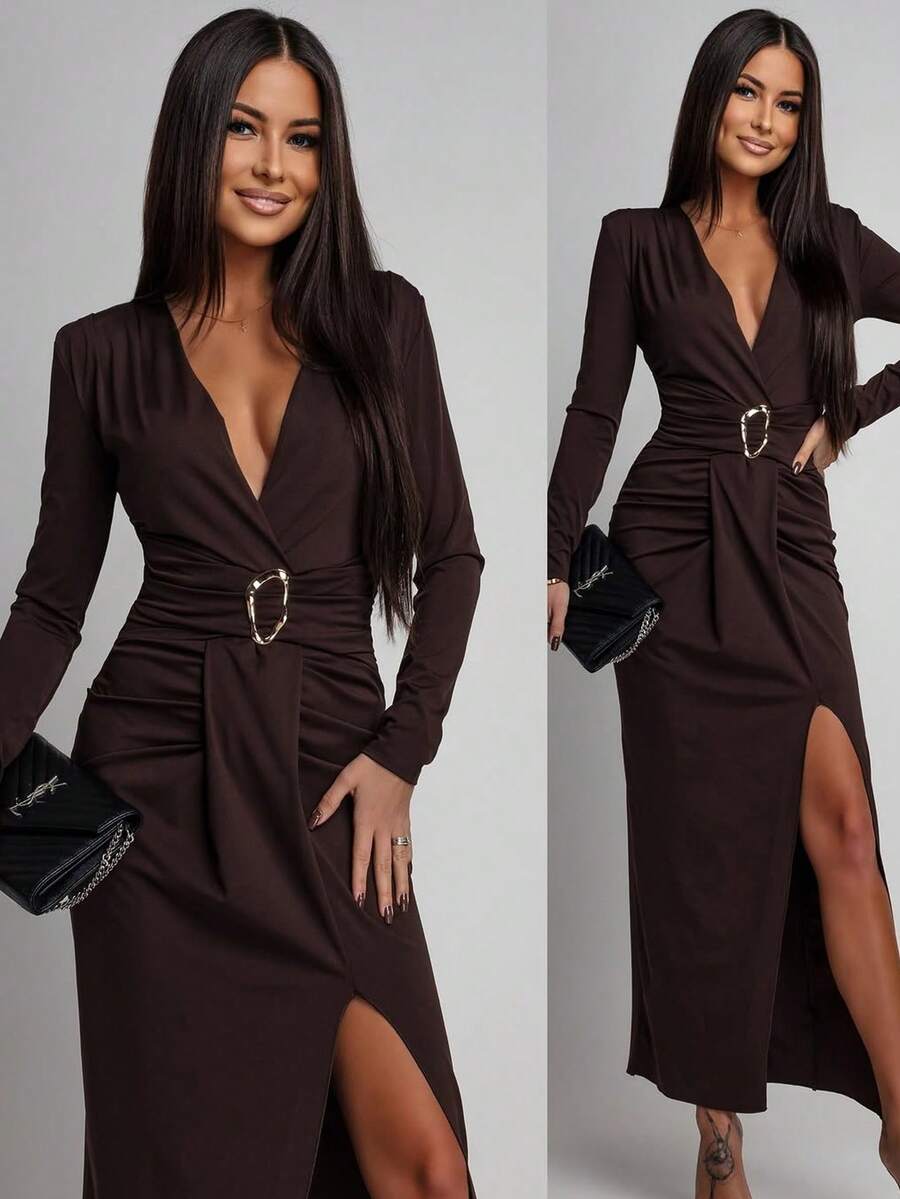 Deep V-Neck Long Sleeve Ruched Waist Slit Dress For Women With Metal Buckle Tie-Up Detail, Slimming Evening Gown