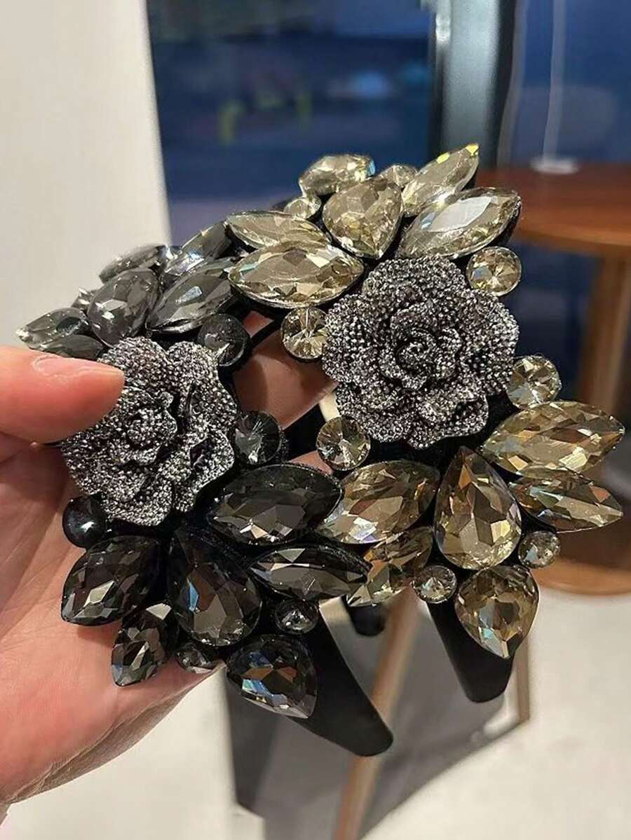 1件裝奢華耐用全水鑽玻璃水晶花朵髮箍 女款巴洛克復古寬版髮飾 - 彩色 - 查看 1