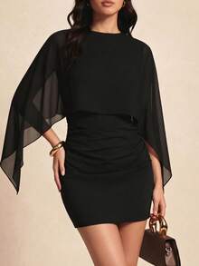 Vestido casual de verano elegante negro de unicolor con mangas de murciélago, patchwork, ligero, 2 en 1/deconstruido, para noche, cita, vacaciones, cumpleaños y fiesta - Blanco - Ver 7