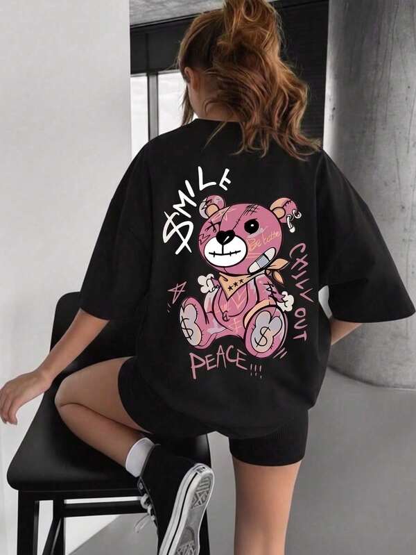 1 PCS Casual Loose 100% Cotton White Women T-Shirt, Graffiti Bandage Bear Letter Washable Basic Short Sleeve Tee, Perfect For Summer Beach Vacation Street Airport Daily Outfits