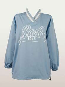 秋冬春夏時尚純色街頭寬鬆上衣休閒女款字母印花抽繩V領Y2K上衣 - 藍色 - 查看 5