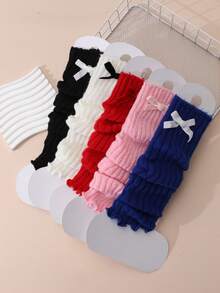 5 Pairs Girls Lace Trim Hand-Knotted Vertical Stripe Spring/Autumn Leg Warmers, Knitted Slouchy Leg Covers - Multicolor - View 5