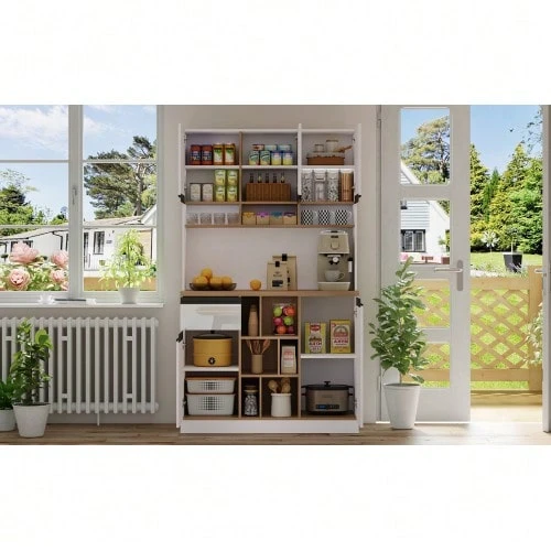 Kitchen Cabinet, Buffet, Sideboard, High-Gloss Doors, Metal Handles, Adjustable Shelves, Drawers, Open Storage Space, Anti-Tip Device, Suitable For Kitchen - White - View 1