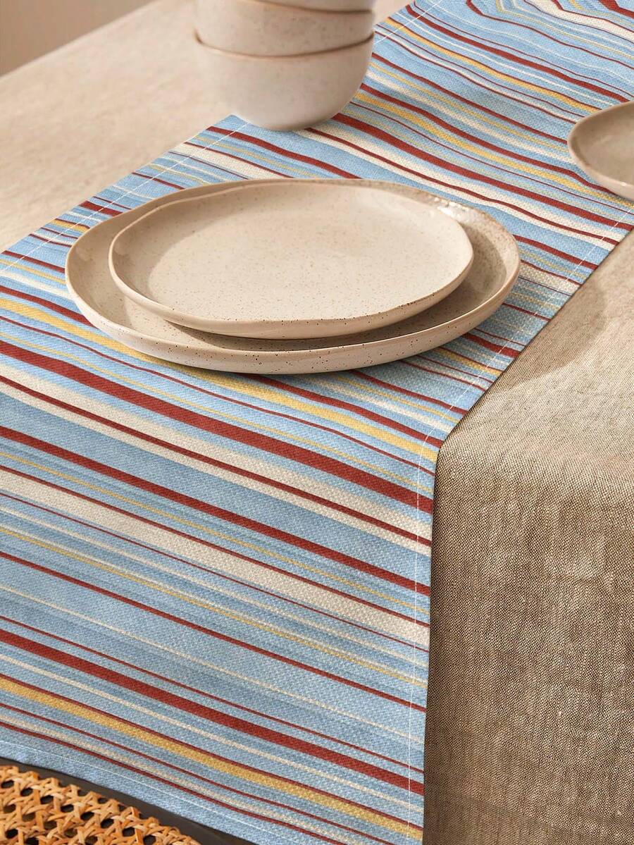 1pc American Vintage Striped Pattern Printed Linen Table Runner, Placemat, Suitable For Holiday, Party, Birthday, Dinner, Kitchen Dining Table Decoration, Shoe Cabinet Storage Cabinet Cover, All Season Room Decor, Home Textile Decoration Table Runner Placemat - Multicolor - View 1