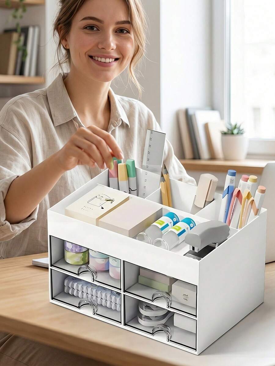 Desk Organizer, Office Organizer With Drawer, Desk Accessories & Workspace Organizers, Pen Holder Office Supplies For Desk, Multi-Functional Storage Box For Stationery, Office Supplies, Cosmetics, Back To School