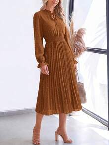 PRETTYGARDEN Women's Spring Fall Midi Dress Casual Long Sleeve V Neck Swiss Dot Pleated A Line Flowy Dresses New Years Party Valentine Vacation Dresses For Women - 棕色 - 查看 4