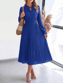 PRETTYGARDEN Women's Spring Fall Midi Dress Casual Long Sleeve V Neck Swiss Dot Pleated A Line Flowy Dresses New Years Party Valentine Vacation Dresses For Women - 藍色 - 查看 1