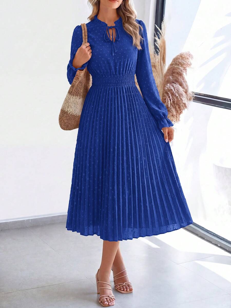 PRETTYGARDEN Women's Spring Fall Midi Dress Casual Long Sleeve V Neck Swiss Dot Pleated A Line Flowy Dresses New Years Party Valentine Vacation Dresses For Women - 藍色 - 查看 1