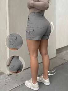 Casual Cargo Daily Women's Grey High Waist Cargo Shorts, Casual Solid Color Utility Mini Bottoms, Streetwear & Everyday Outfits - 銀色 - 查看 4
